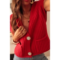 Fiery Red Solid Textured Knit Side Pockets Buttoned Sweater Vest - S