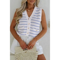 Sky Blue Stripe V Neck Gold Buttons Elegant Sweater Vest - M