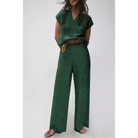 Green Knitted V Neck Sweater and Casual Pants Set - XL