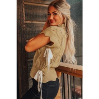 Light French Beige Hollowed Knit Scalloped Trim High Neck Sweater - XL