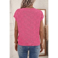 Bright Pink Lattice Textured Knit Short Sleeve Sweater - M
