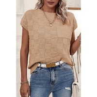 Smoke Gray Lattice Textured Knit Short Sleeve Sweater - M