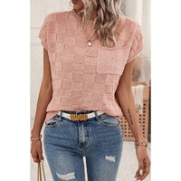 Dusty Pink Lattice Textured Knit Short Sleeve Sweater - L