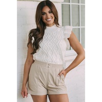 White Textured Ruffled Mock Neck Knitted Vest - L