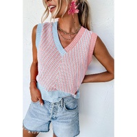 Light Pink Contrast Chevron Knit V Neck Sweater Vest - M