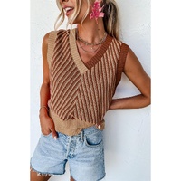 Light French Beige Contrast Chevron Knit V Neck Sweater Vest - L
