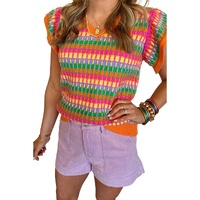 Orange Multicolor Flutter Sleeve Knitted Sweater Top - M