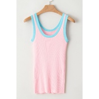 Pink Colorblock Edge Ribbed Knit U Neck Tank Top - XL