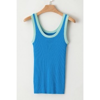 Blue Colorblock Edge Ribbed Knit U Neck Tank Top - XL