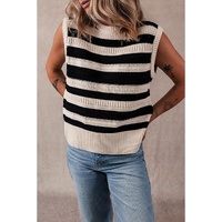 Black Stripe Ribbed Trim Knitted Sweater Vest - L