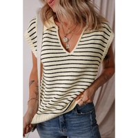 Beige Stripe Turn-down V Neck Sweater Tank Top - L