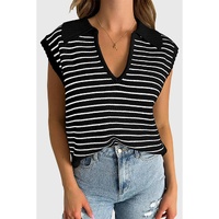 Black Stripe Turn-down V Neck Sweater Tank Top - L