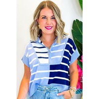 Sky Blue Stripe Colorblock Quarter Zip Collar Sweater Vest - M