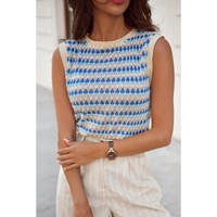 Sky Blue Stripe Geometric Print Round Neck Slim Fit Sweater Vest - L