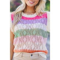 Rose Stripe Colorblock Hollowed Knit Scallop Edge Sweater Vest - S