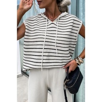 White Stripe Drawstring Hooded Loose Sweater T Shirt - M