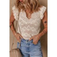 Beige Embroidered Patchwork Hollow Out Knitted Ruffle Sweater Vest - XL