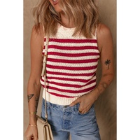 Red Stripe Textured Knit Ribbed Hem Sweater Tank Top - S