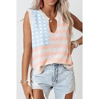 Beige USA Flag Notched Neckline Loose Sweater Vest - S