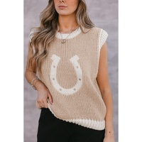 Oatmeal Woven Horseshoe Color Contrast Trim Sweater Vest - S