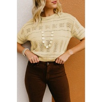 Beige Knitted Hollow out Short Sleeve Crop Sweater - M