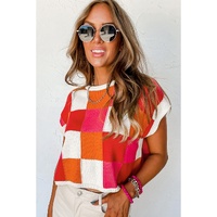 Fiery Red Color Block Cap Sleeve Sweater - L