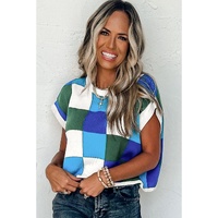 Dark Blue Color Block Cap Sleeve Sweater - L
