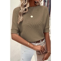Coffee Round Neck Half Sleeve Ribbed Knit Top - L
