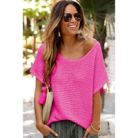 Pink Solid Loose Knit Short Dolman Sleeve Sweater - L