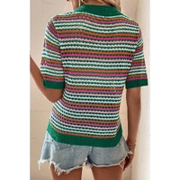 Dark Green Striped Pattern Contrast Trim Pointelle Knit T Shirt - L