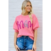 Bonbon Mom Tinsel Front Short Sleeve Sweater - S