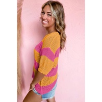 Orange Stripe Color Block Knitted T-shirt Sweater - L
