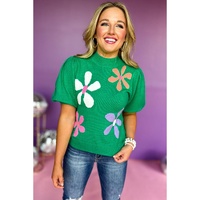 Bright Green Floral Bubble Short Sleeve Sweater - M