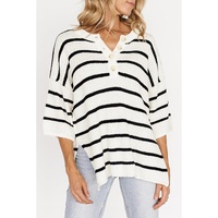 White Stripe Henley Buttoned Placket Drop Shoulder Bracelet Sleeve Knit Sweater Tee - L