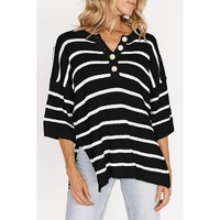 Black Stripe Henley Buttoned Placket Drop Shoulder Bracelet Sleeve Knit Sweater Tee - S