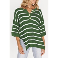 Green Stripe Henley Buttoned Placket Drop Shoulder Bracelet Sleeve Knit Sweater Tee - L