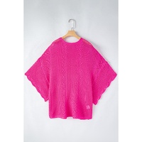 Rose Red Pointelle Knit Scallop Edge Short Sleeve Top - L