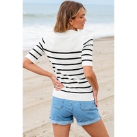 White Stripe Striped Half Sleeve Knitted Tee - L