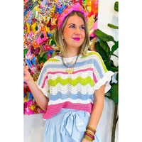 White Colorblock Crochet Knit Ruffled Short Sleeve Sweater Top - M