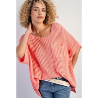 Fresh Salmon Rolled Cuffs Loose Knit Tee with Slits - L