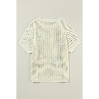 White Crochet Flower Hollow-out Sweater T Shirt - XL