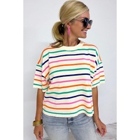 Beige Stripe Dropped Short Sleeve Boxy Fit Knitted Top - L