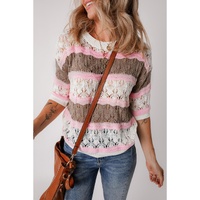 Brown Stripe Color Block Hollow Out Crochet Half Sleeve Sweater - L