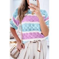 Purple Stripe Color Block Hollow Out Crochet Half Sleeve Sweater - M