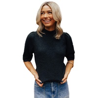 Black Knotted Keyhole Nape Short Sleeve Knit Sweater - S