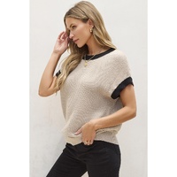 Light French Beige Contrast Trim Round Neck Batwing Sleeve Sweater Top - L