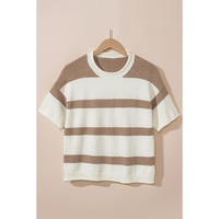 Khaki Stripe Dropped Short Sleeve Lightweight Knitted Top - L
