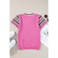 Bright Pink Contrast Printed Cap Sleeves Crewneck Sweater - L
