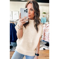Beige High Neck Bat Short Sleeve Sweater - L