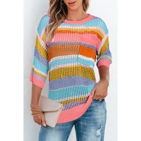 Pink Stripe Colorblock Hollowed Crochet 3/4 Sleeve Sweater - L